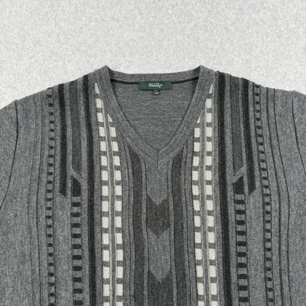 Vintage Wolsey Sweater Mens Large Gray Striped Wool Blend V Neck Pullover Jumper
